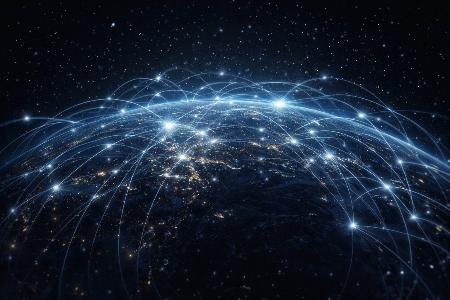 Cinematic aerial view of Earth from space with glowing data networks